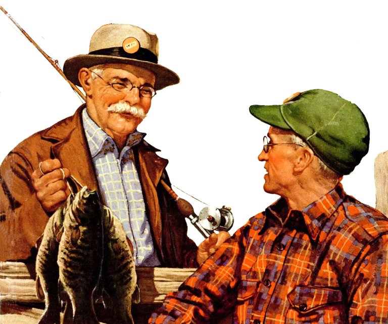 A buddy holds up a stringer of fish to show another man.