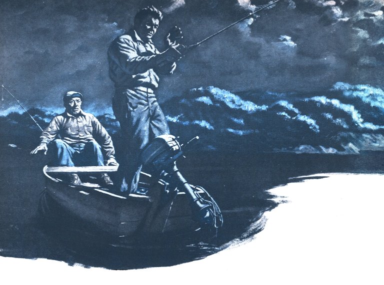a blue illustration of a man fishing in a storm